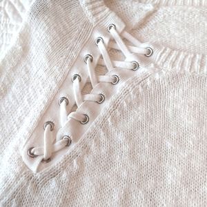 Lace-Up V-Neck Women's Sweater in White